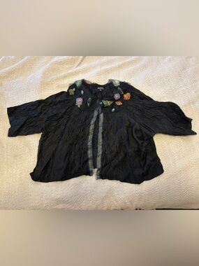 Lee Andersen Black Floral-Appliqué Crinkled Silk Shrug Bolero Top XL